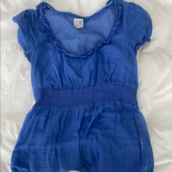 Anthropologie Blue Puff Sleeve Smocked Blouse - Picture 1 of 4
